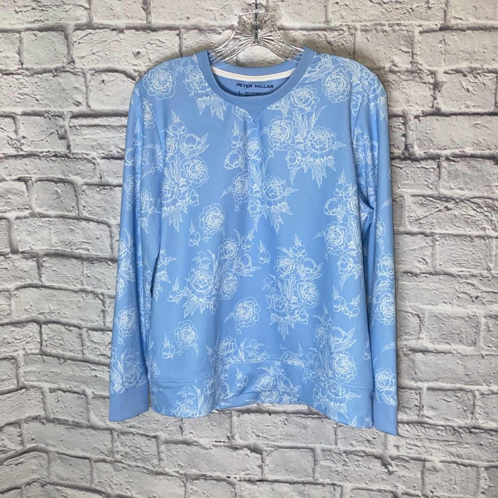 Peter Millar “Perth” Performance Crewneck Pullover. Baby Blue / White. Size L.